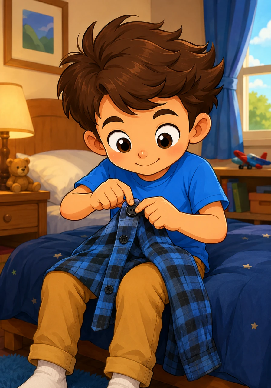 After getting changed into fresh clothes, Leo sits on the edge of his bed, concentrating hard on his favorite flannel shirt. With a look of proud determination, he carefully pushes the big plastic button through the loop.