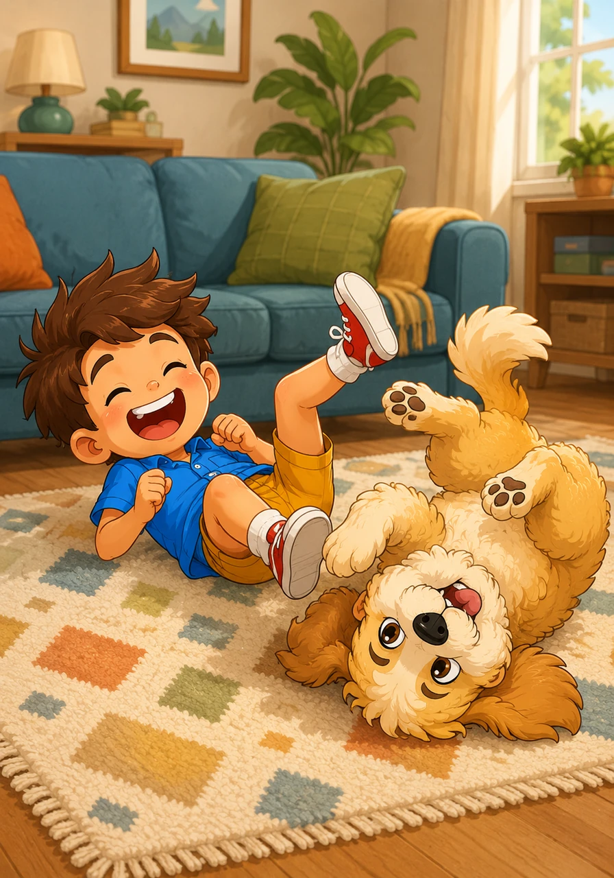 Barnaby does a silly, clumsy roll on the living room rug, making Leo burst into loud, unstoppable laughter. In his excitement, Leo playfully kicks his feet in the air while lying on his back.