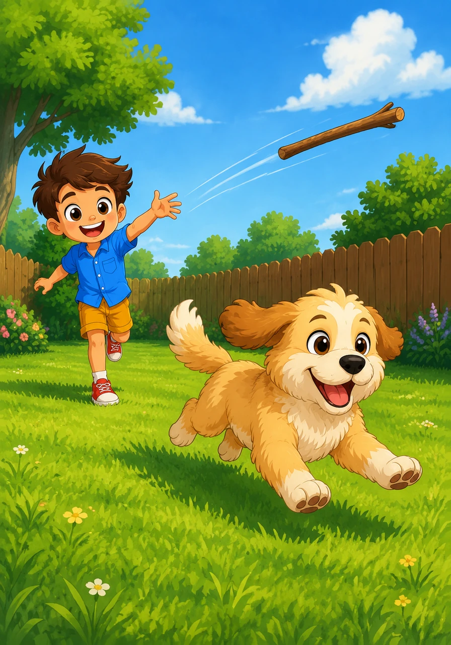 Leo picks up a smooth wooden stick from the yard and throws it as far as he can across the lawn. Barnaby barks with joy, dashing forward with his ears flapping to fetch the prize.