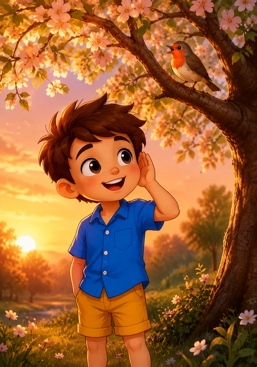As the sun begins to set, Leo stands quietly under a blooming tree, cupping his hand behind his ear. He listens intently to a little robin singing a sweet evening melody, realizing just how many wonderful things he can do.