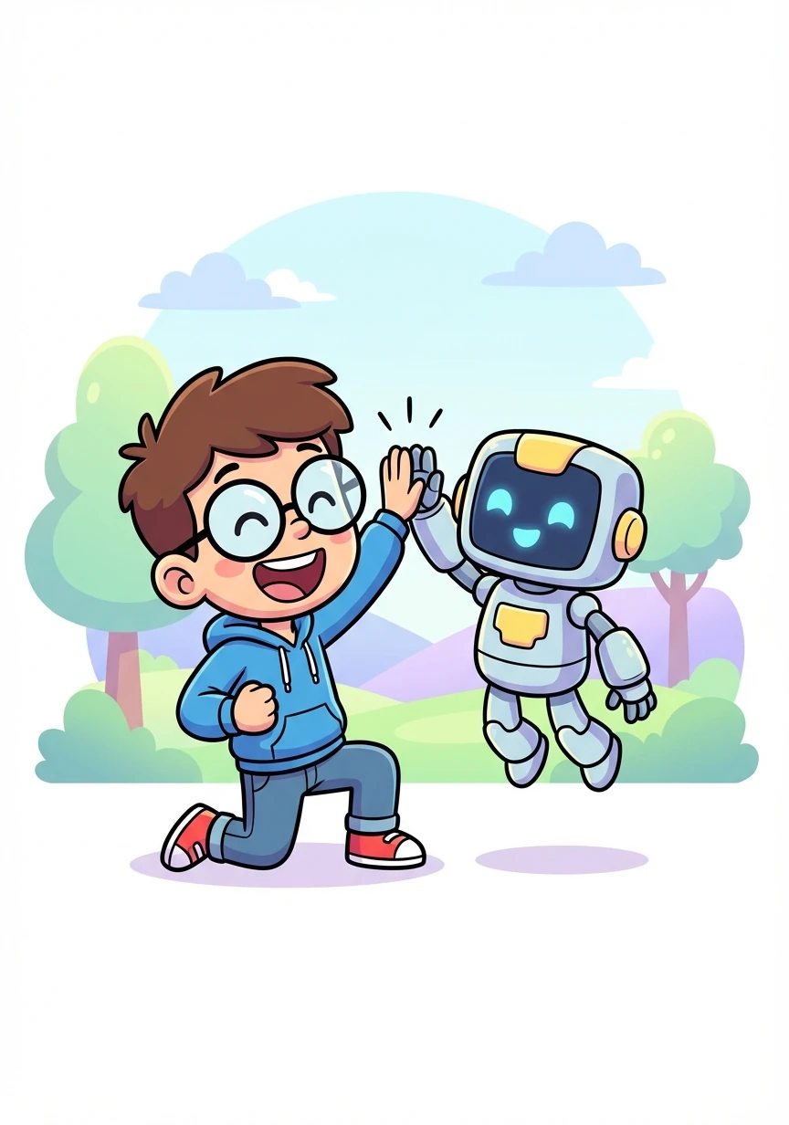 Dan and Pixel celebrated with high-fives. They realized teamwork and a little coding could solve any problem.