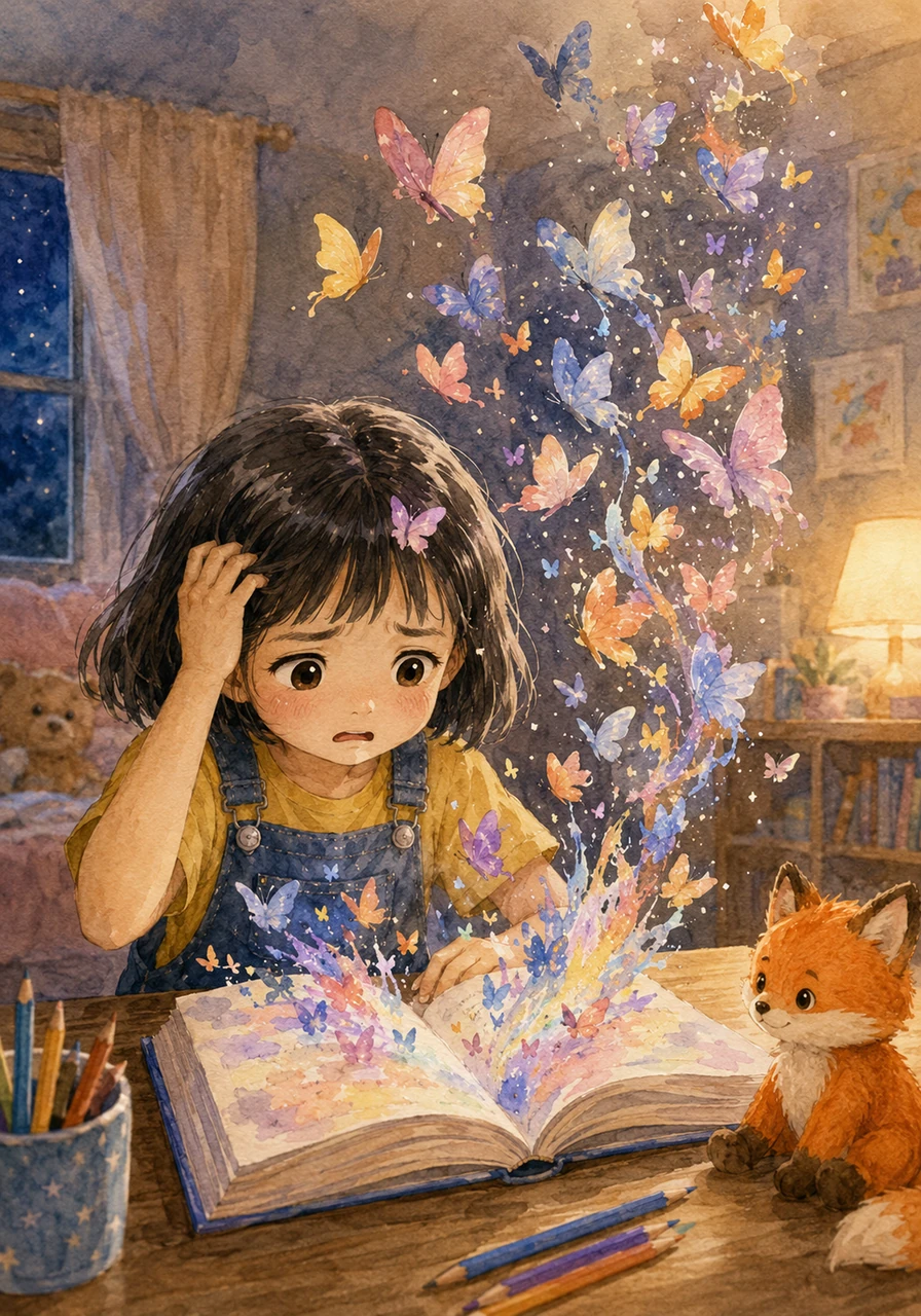 Dans sa chambre confortable, Akira regarde son livre ouvert, confuse. Les lettres sur la page semblent s'emmêler et danser comme de petits papillons coquins, la laissant frustrée.