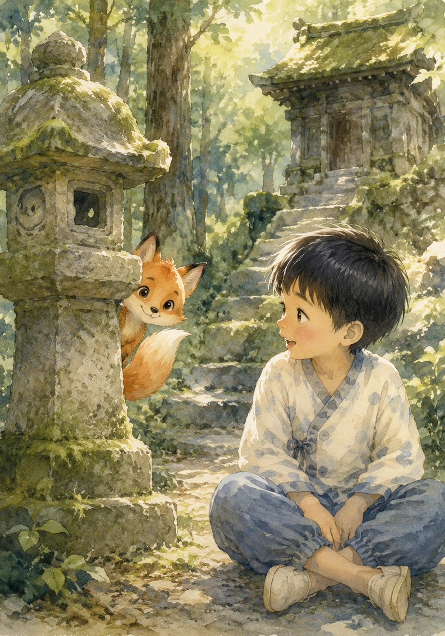 Près d'un vieux sanctuaire de pierre couvert de mousse, Akira s'assoit pour se reposer. Un petit renard orange vif, avec des yeux pétillants de malice et de gentillesse, apparaît soudainement derrière une lanterne de pierre.