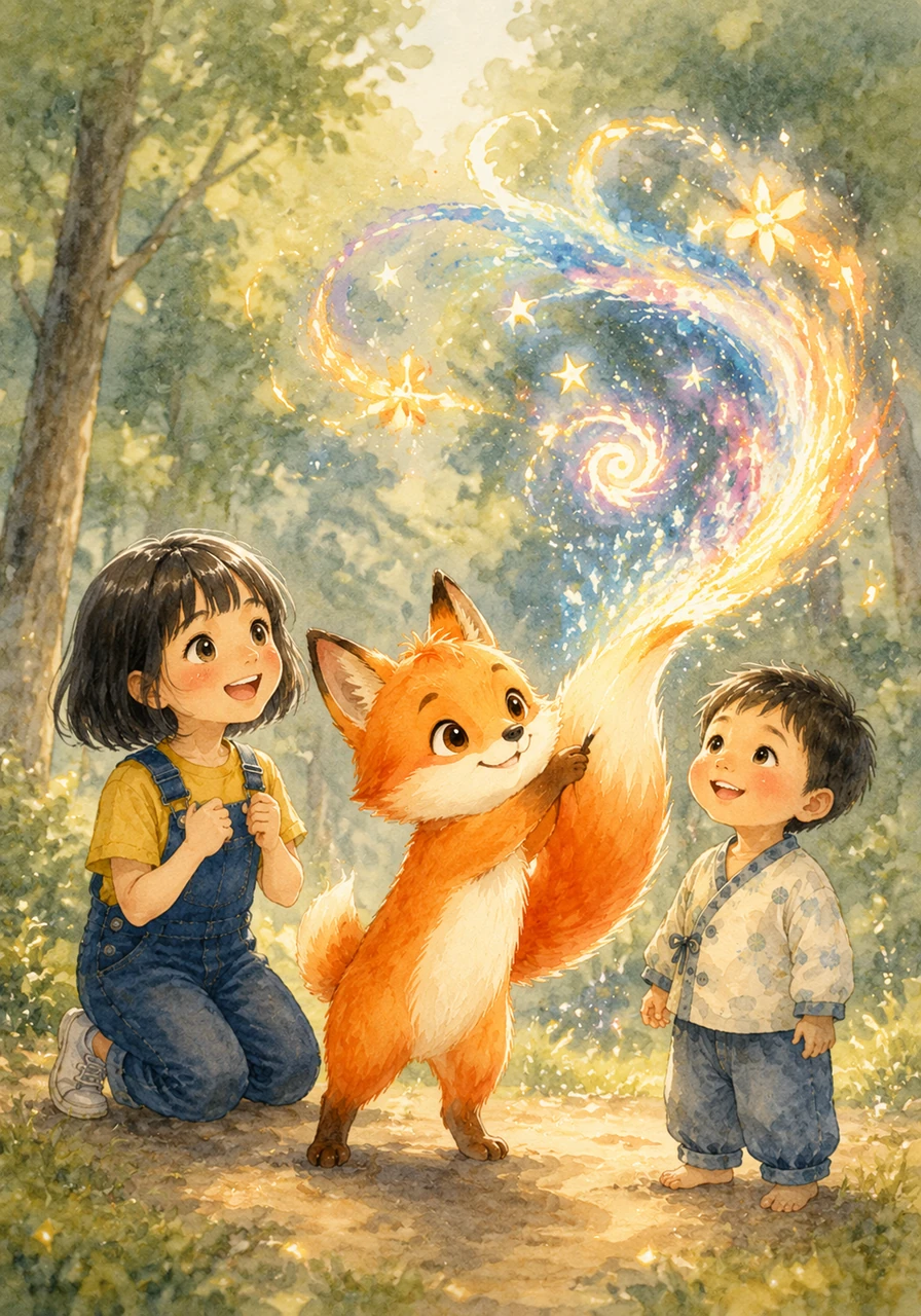 Le petit renard, qui s'appelle Kiko, ne parle pas avec des mots, mais avec des images et des sensations. Il utilise sa queue touffue pour dessiner des formes lumineuses dans l'air, montrant à Akira que voir les choses différemment est un cadeau précieux.
