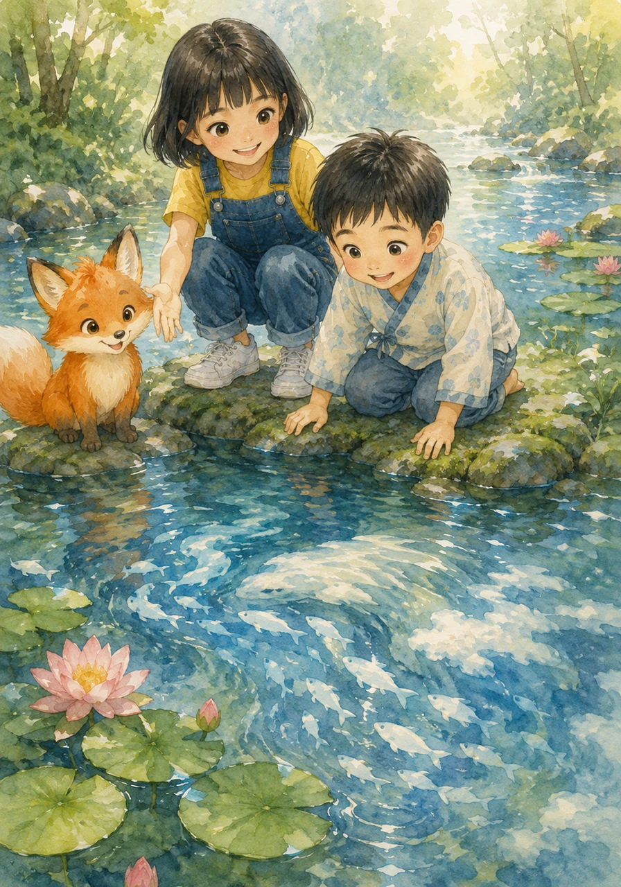 Kiko guide Akira vers une rivière tranquille où flottent de gros nénuphars. Au lieu de lettres, Akira commence à voir des motifs et des formes familières dans l'eau qui coule doucement, comme des poissons et des nuages.