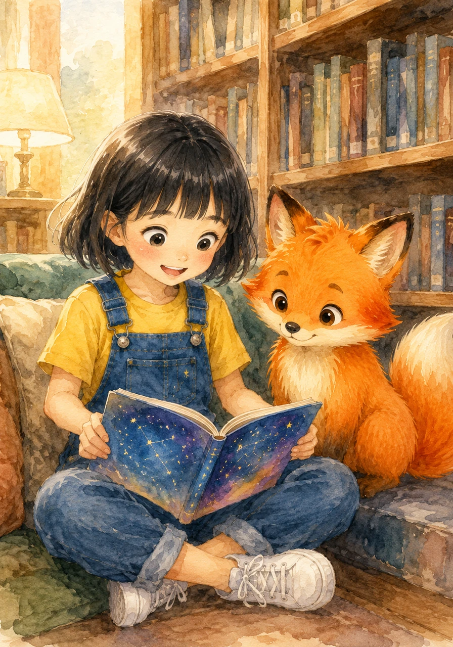 De retour à la bibliothèque, Akira s'assoit dans un coin confortable. Kiko est à ses côtés, une présence silencieuse et encourageante. Elle ouvre un grand livre sur les constellations, appliquant sa nouvelle façon de voir les motifs.
