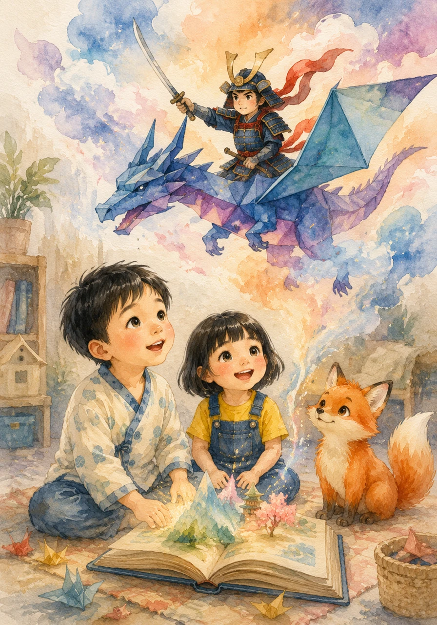 Les mots commencent à avoir un sens, non pas comme des lettres figées, mais comme des indices dans une grande chasse au trésor. Akira découvre l'histoire d'un courageux samouraï qui voyageait à travers le ciel sur un dragon de papier.