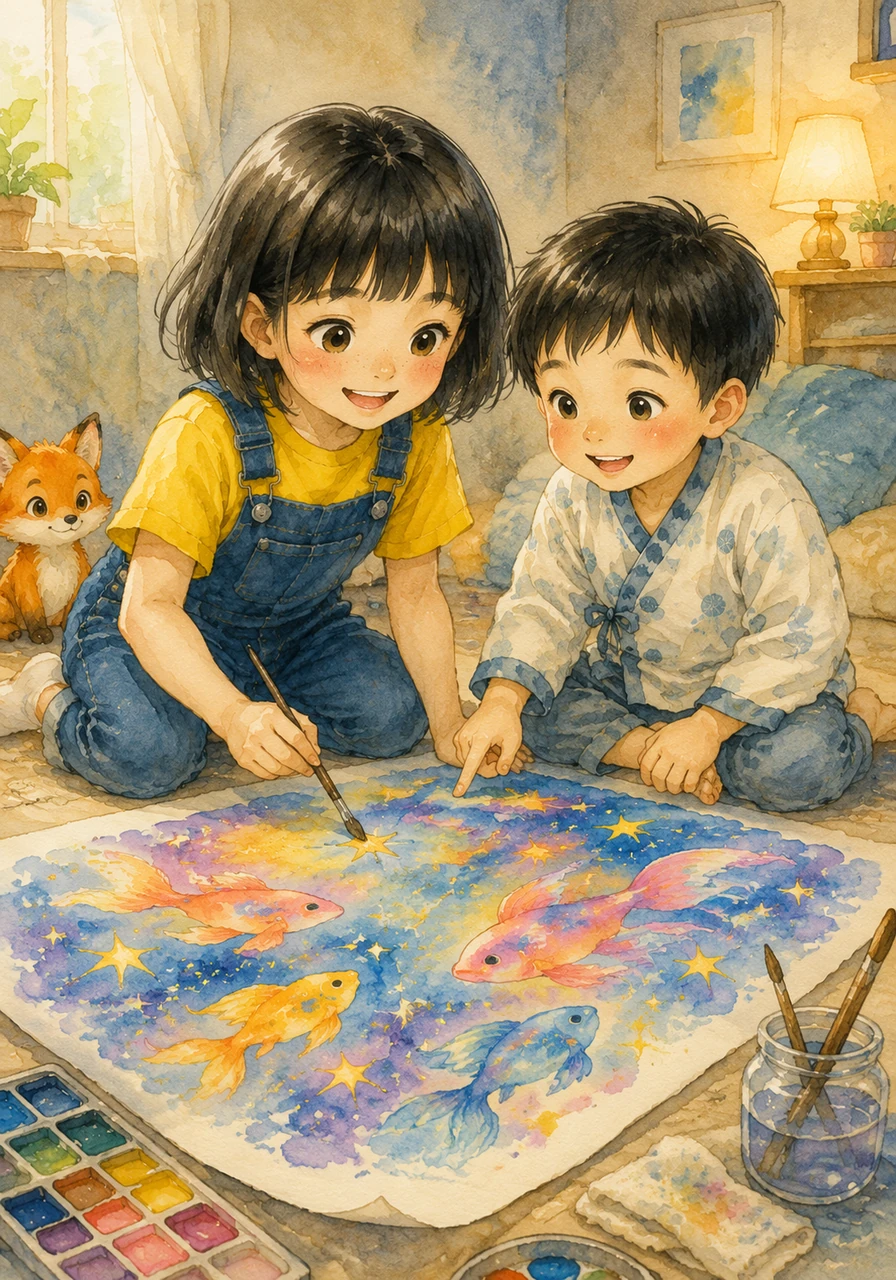 Inspirée, Akira décide de créer son propre livre. Elle dessine de grands poissons colorés et des étoiles brillantes, et Kiko l'aide à choisir les mots parfaits qui capturent la magie de ses images.