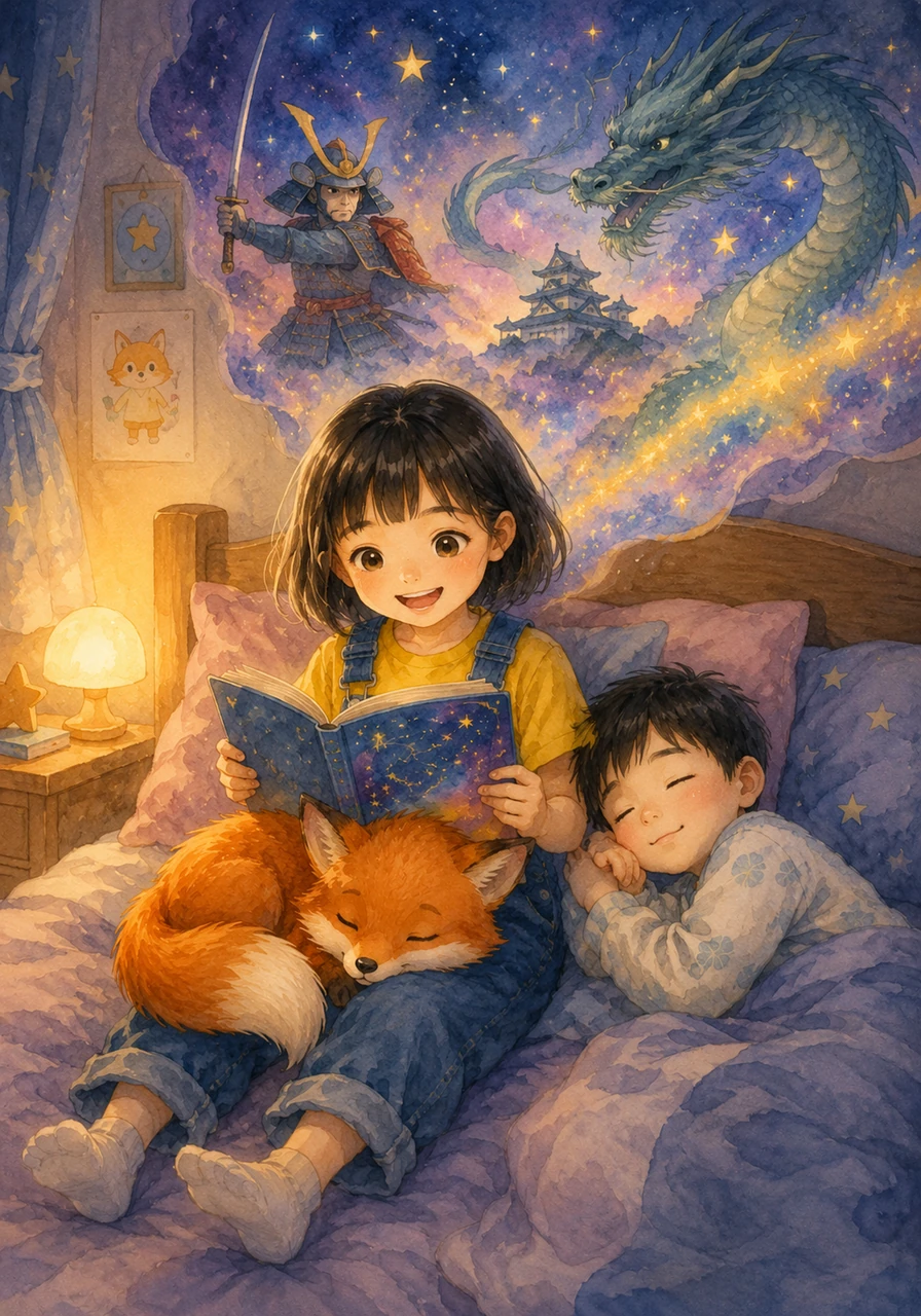 Le soir venu, Akira est blottie dans son lit avec son nouveau livre préféré. Kiko dort sur ses genoux. Elle lit maintenant avec fluidité, transportée dans un monde de samouraïs, de dragons et d'étoiles, sachant que la magie des mots lui appartient.