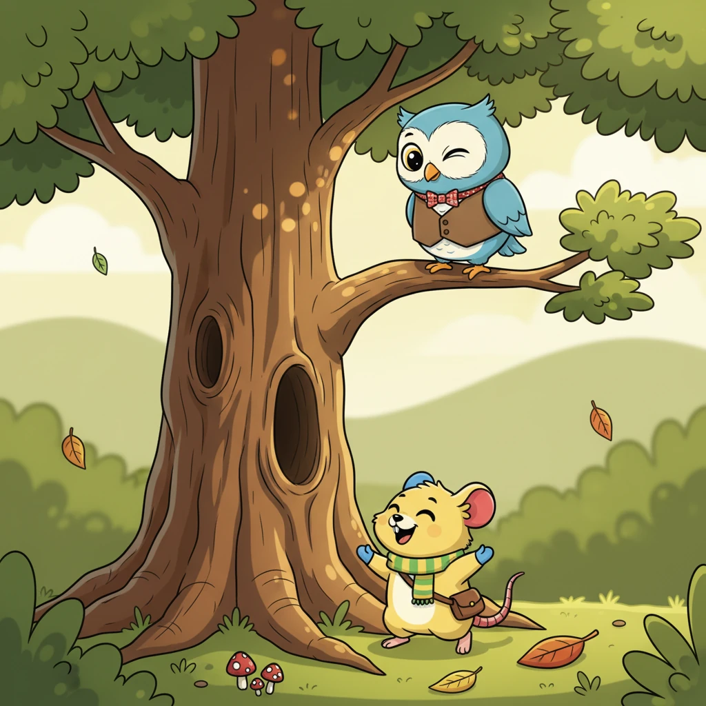 The wise owl slowly turned its head, its large, golden eyes blinking thoughtfully. It peered down through the dappled sunlight, noticing the tiny, energetic rat exploring with such enthusiasm at the base of its tree.