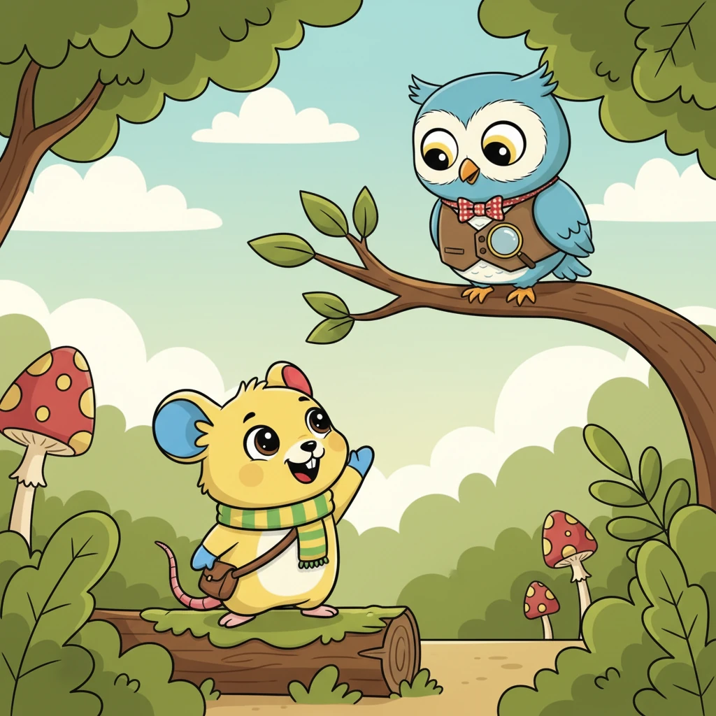 With a brave squeak, little Pip looked up at the impressive bird, feeling a tingle of excitement. He waved a tiny paw and called out, “Hello, Owl!” his voice surprisingly clear in the quiet forest.