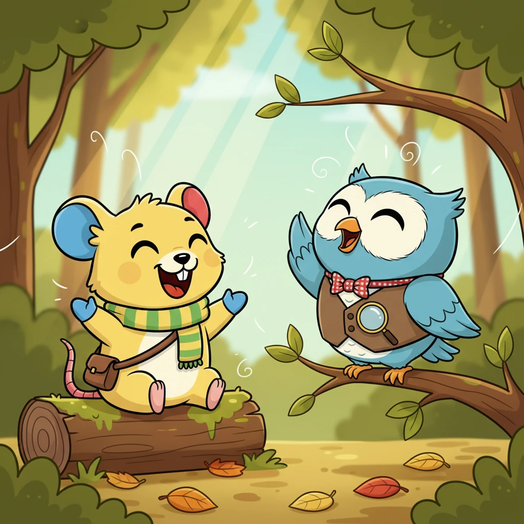 Pip and the owl, whose name was Ollie, spent the afternoon chatting away, sharing stories of the forest. They laughed together and found common ground, and soon, a wonderful friendship blossomed between them.