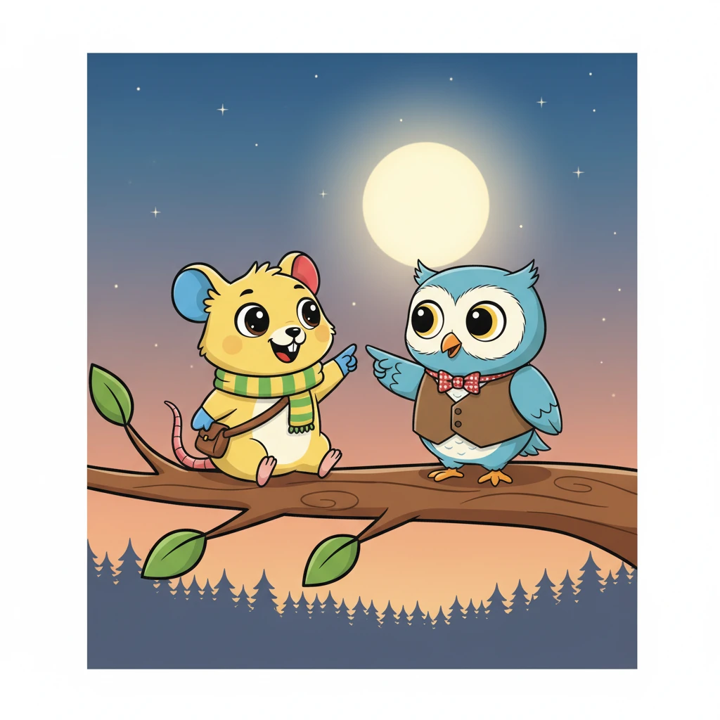 As evening arrived, Ollie invited Pip to climb a low branch to see something special. From their perch, Ollie pointed a wing towards the darkening sky, revealing a magnificent, glowing full moon rising above the treetops.