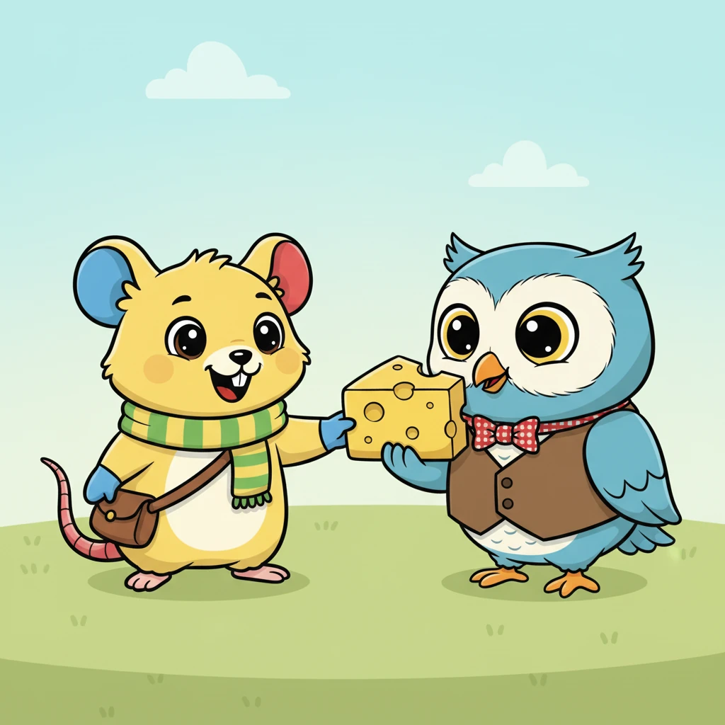 Remembering his snack, Pip eagerly pulled out a delicious piece of Swiss cheese from his tiny satchel. He generously offered a bite to Ollie, who politely nibbled on the tasty treat, his eyes twinkling with gratitude.