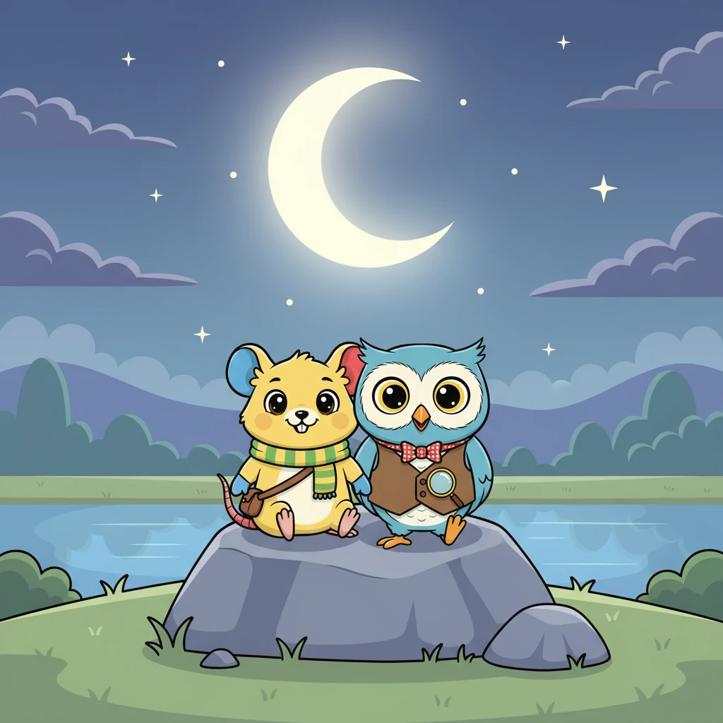 Under the soft moonlight, Pip and Ollie sat side by side, happy in their new friendship. They knew this was the start of many more shared adventures and conversations, proving that even the most unlikely pairs can be the best of friends.