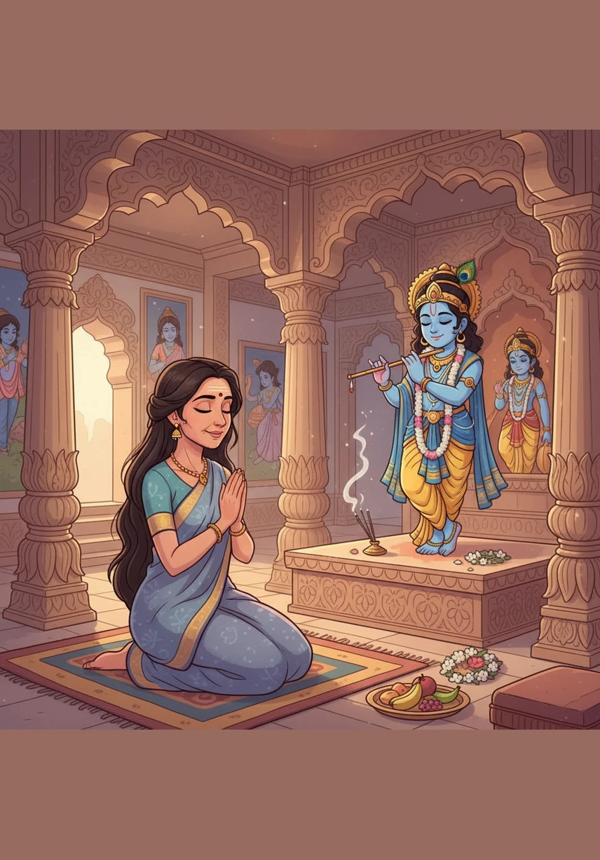 बड़ी होने पर मीरा राजसी ठाठ-बाट के बीच भी कृष्ण की भक्ति में लीन रहती थीं। वे घंटों मंदिर में बैठकर भजन गातीं और अपने आराध्य के चरणों में आँसू बहातीं, मानों संसार की उन्हें कोई सुध न हो।