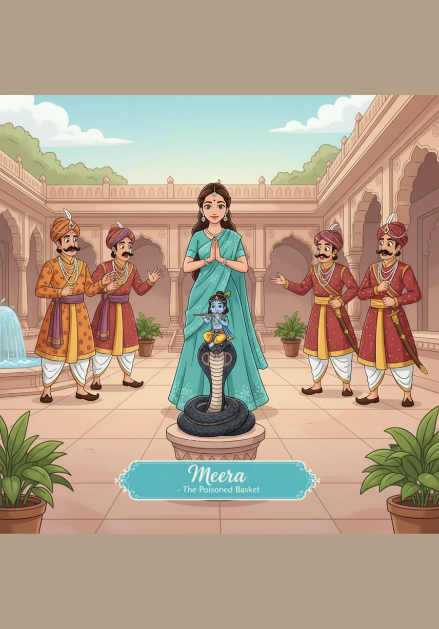 एक बार टोकरी में एक विषैला सर्प छिपाकर भेजा गया ताकि मीरा को डस ले, लेकिन जैसे ही मीरा ने उसे छुआ, वह फूलों की सुंदर माला में बदल गया। भगवान कृष्ण ने हर कदम पर अपनी अनन्य भक्त की रक्षा की।