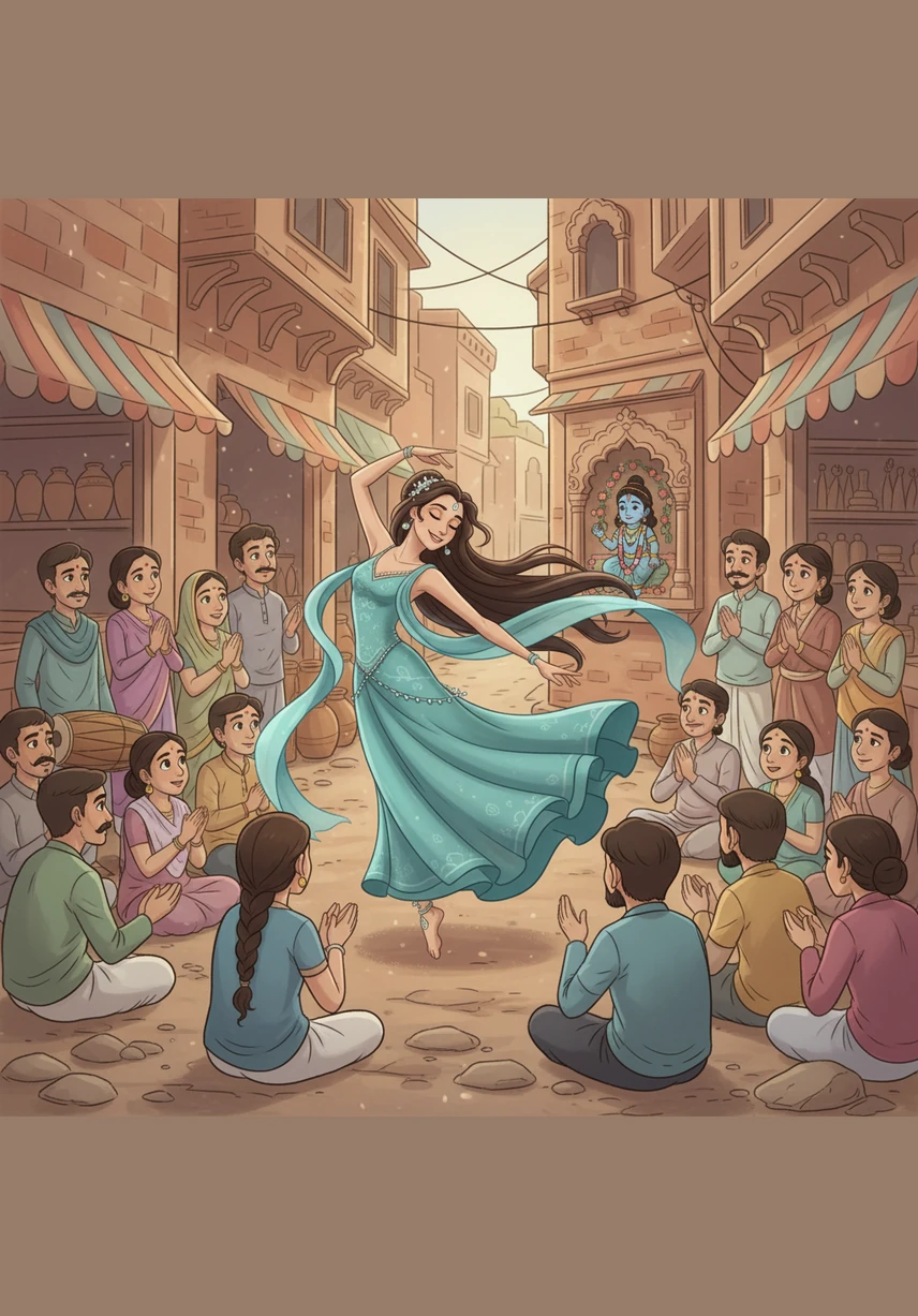 वृंदावन की गलियों में मीरा के भजनों की गूँज चारों ओर सुनाई देने लगी, जहाँ भक्त उनकी निस्वार्थ भक्ति देखकर भाव-विभोर हो जाते थे। धूल और धूप की परवाह किए बिना, वे केवल अपने श्याम की छवि को निहारती रहती थीं।