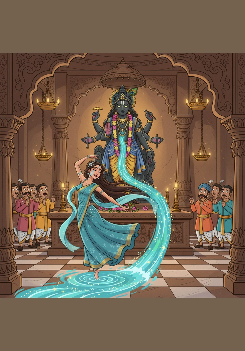 मंदिर के गर्भगृह में कीर्तन करते-करते मीरा अचानक भगवान की मूर्ति के भीतर समा गईं और भौतिक जगत से ओझल हो गईं। पीछे केवल उनकी पीली चुनरी रह गई, जो इस बात का प्रमाण थी कि सच्ची भक्ति अंततः भक्त को भगवान से मिला देती है।