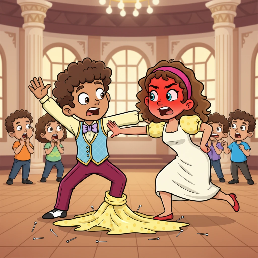 Bob and Sue took the floor next, planning a graceful waltz to slow things down. However, Sue's elegant but very tight gown proved to be a problem. Bob accidentally stepped on it, causing all the pins to pop and the dress to slide right off! Sue, bright red, slapped Bob's arm and dashed out of the hall.