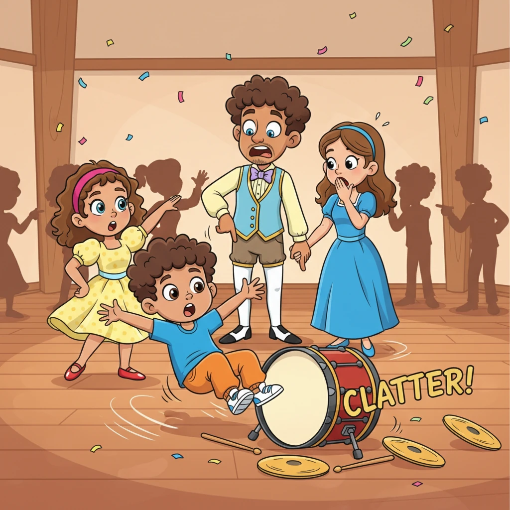 The string of comical errors continued! Will and Mary from the north ran onto the floor, only to slip and slide across the entire room, landing with a loud clatter on a drum. Then, absent-minded Fred appeared with Mary Jane, causing gasps when everyone noticed he'd forgotten to put his trousers on!