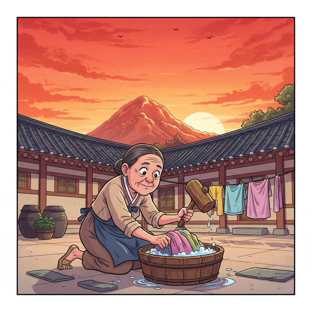The courtyard of a grand Korean noble house glows with the last rays of sunset, painting the sky a dramatic crimson over Inwangsan mountain. Boknyeo, an elderly slave woman with a back bent from decades of labor and gnarled hands, kneels on the ground diligently doing laundry with a wooden mallet. Her simple clothes are worn, but her focus is unwavering.