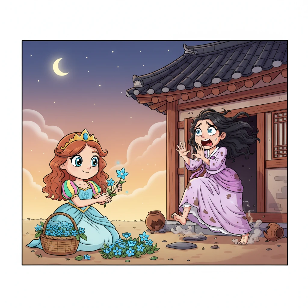 Suddenly, the serene evening is shattered as the young noble lady bursts from the inner house, her silk dress dirty and hair wild. She is barefoot and disheveled, her eyes wide with unbridled terror. Her sudden appearance creates a dramatic contrast with the peaceful, laboring Boknyeo.