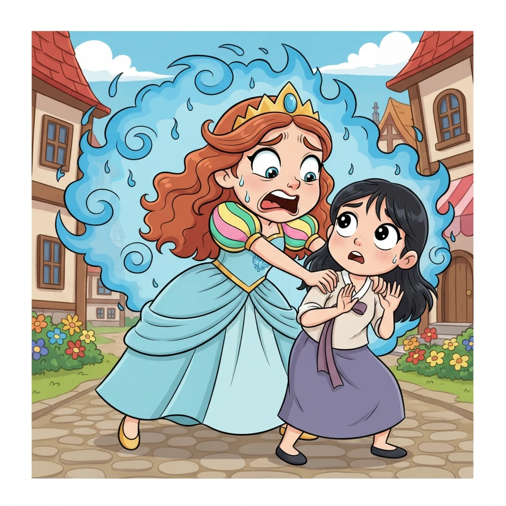 The lady lunges forward, grabbing Boknyeo's shoulders with surprising force, her grip desperate and trembling. Her face is contorted with fear as she demands that Boknyeo buy her cursed dream – a dream of terrifying blue flames. Boknyeo looks up, startled and confused by the sudden, intense outburst.