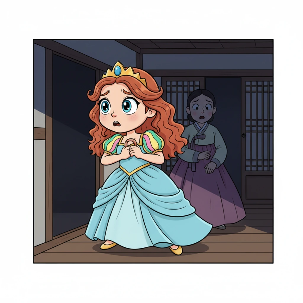 The young lady snatches the copper ring from Boknyeo's palm with a desperate gasp, her eyes still wide with fear. Without another word or glance, she turns and disappears back into the dimming shadows of the inner house as quickly as she appeared. Boknyeo is left alone, her hand still outstretched in the empty space.