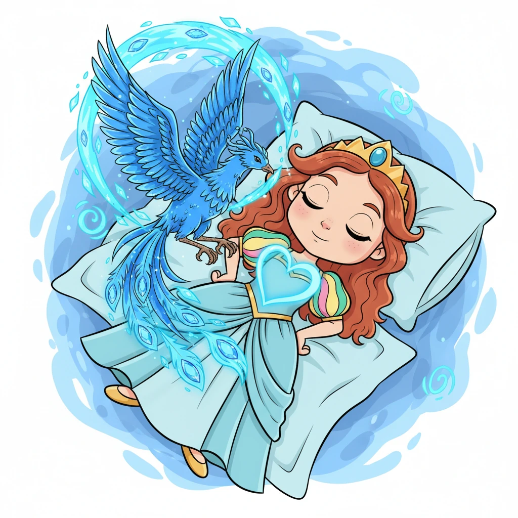 From the heart of these beautiful blue flames, a magnificent blue phoenix emerges, its feathers glowing like countless precious jewels. With majestic grace, the phoenix soars, its form radiating pure light, and gently enters Boknyeo's sleeping heart, transforming the cursed dream into a blessed destiny.