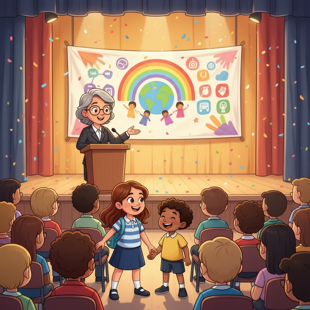 En la asamblea, la directora les dio la bienvenida y explicó el significado de la semana.  Hablaron sobre la importancia de la inclusión, de cómo todos somos diferentes y valiosos.  Sofía, Mateo y Lucas se miraron,  sintiendo una gran emoción.