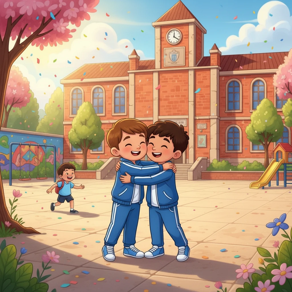 Al final de la semana, todos celebraron la amistad y la inclusión.  Sofía, Mateo y Lucas, vestidos con el uniforme deportivo del colegio,  se abrazaron,  sabiendo que habían construido un lazo especial.  Aprendieron que la verdadera amistad no conoce barreras.