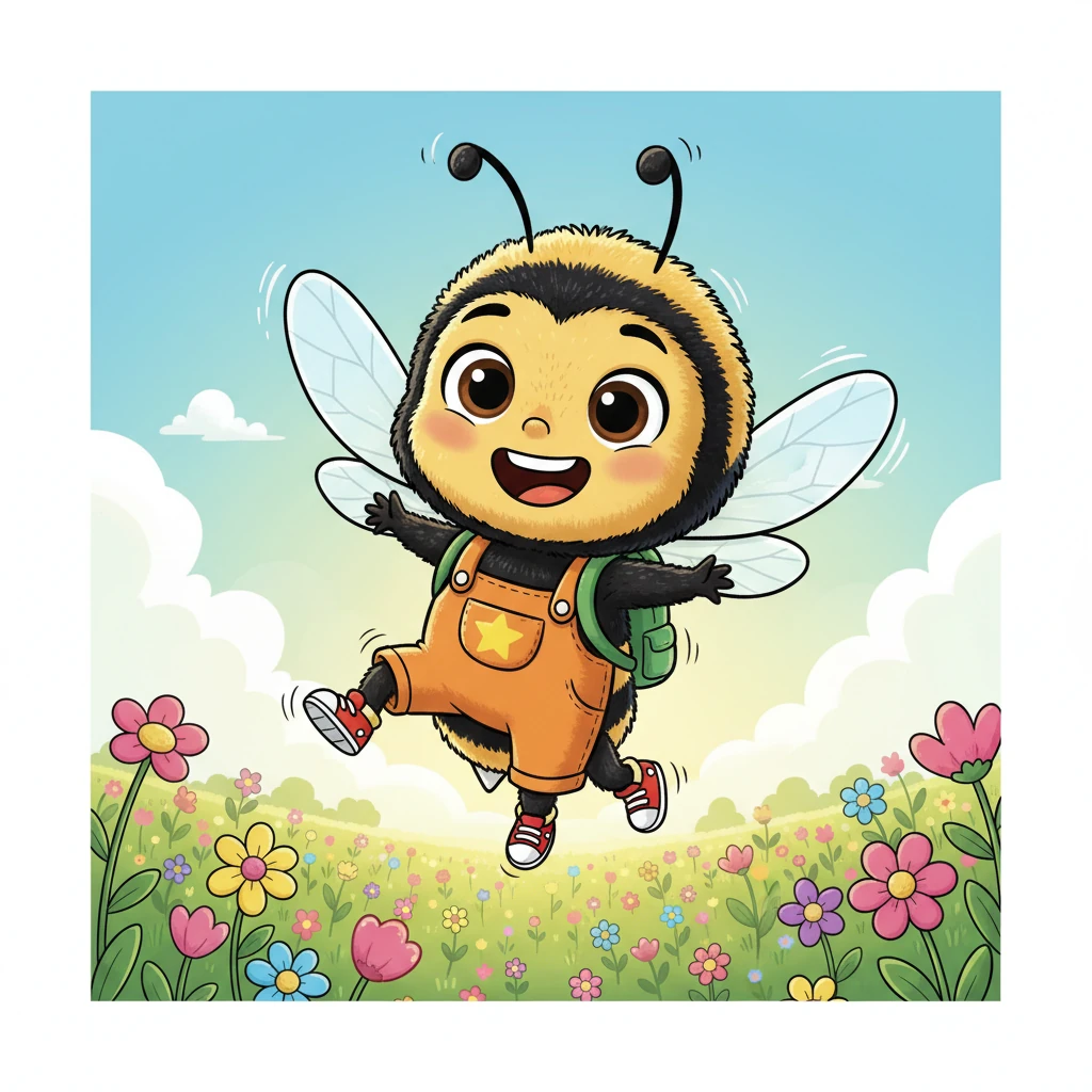 High above a sun-kissed meadow, a tiny, fuzzy bee named Bambang buzzed excitedly. He stretched his six little legs and wiggled his antennae, ready for a brand new day of adventure and work.