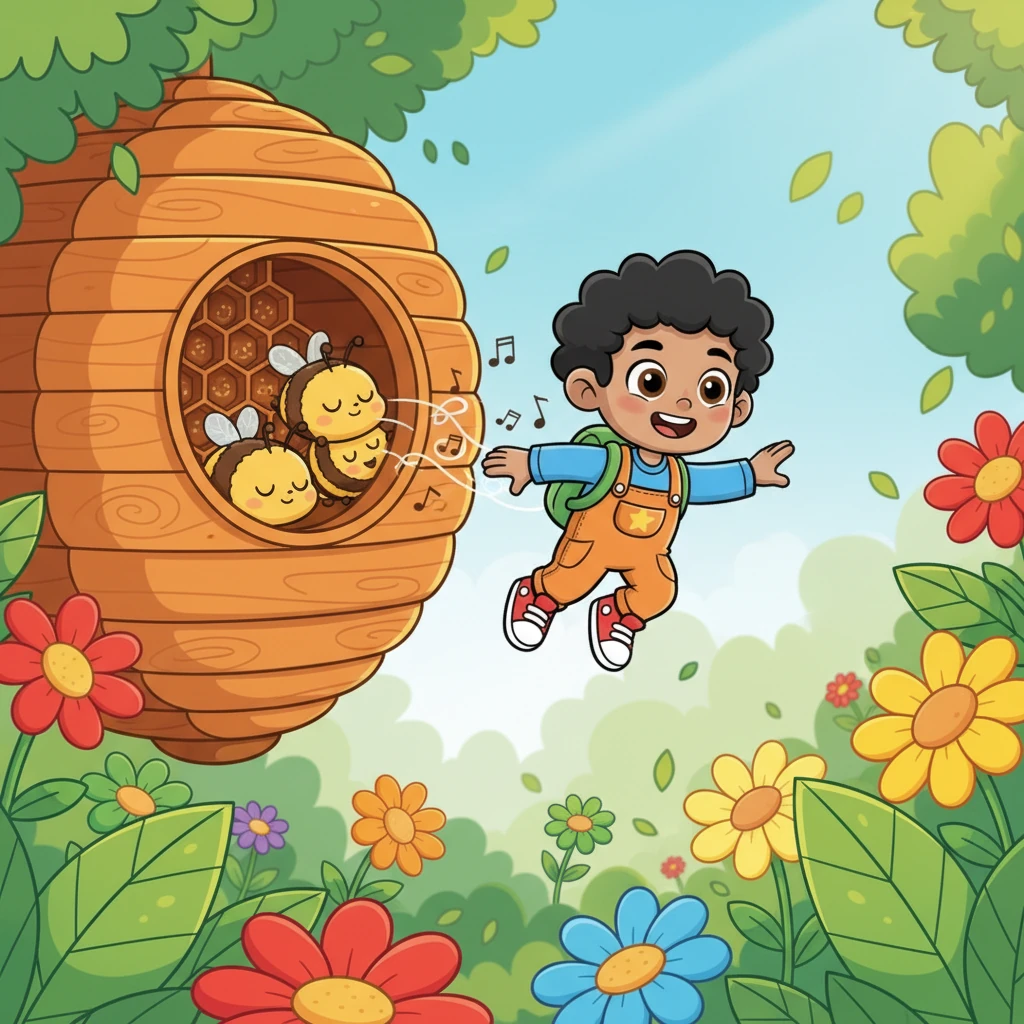 With a cheerful hum, Bambang zipped out of his cozy hive, leaving behind his sleepy bee friends. The world outside shimmered with bright green leaves and a rainbow of blossoming flowers, waiting to be explored.