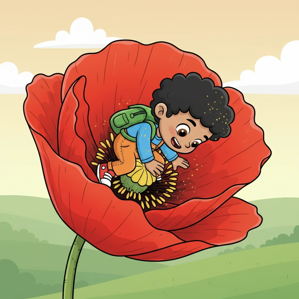 Bambang spotted a magnificent, bright red poppy with soft petals. He gently landed, his tiny legs tickling as he dipped his head deep inside, collecting sweet nectar and gathering golden pollen on his fuzzy body.