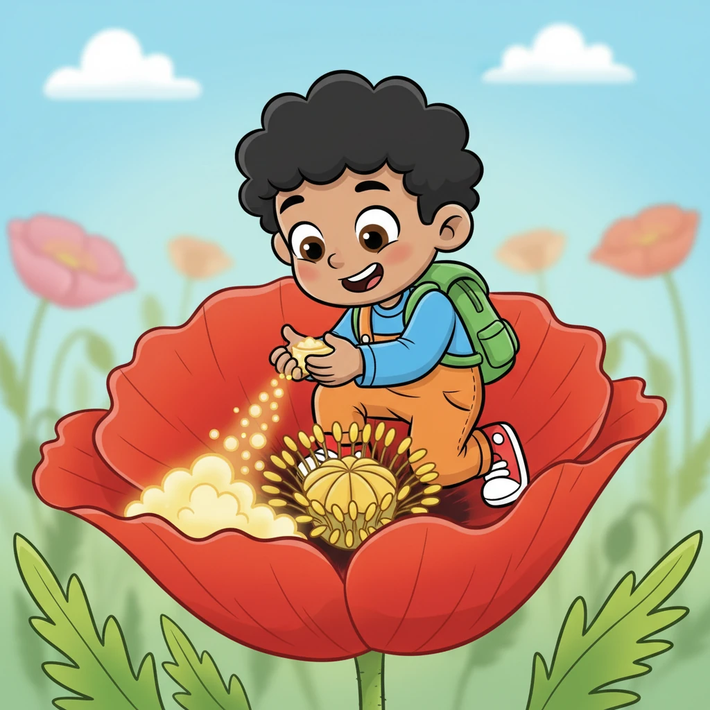As Bambang moved from one part of the poppy to another, a tiny cloud of yellow pollen drifted from his legs and landed softly on the flower's center. He didn't even notice, too busy enjoying the sugary treat.