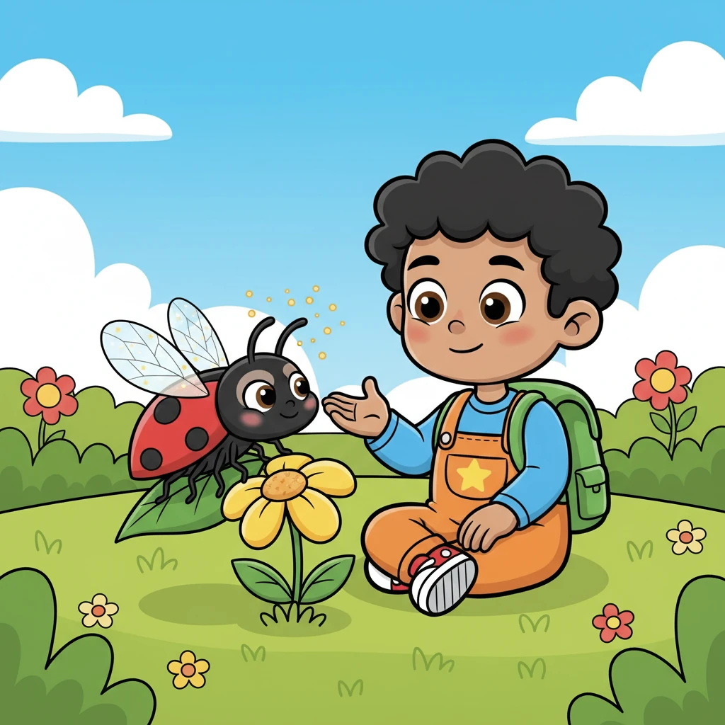 A wise old ladybug with sparkling wings landed beside Bambang. She explained how the pollen he carried helped the flower make tiny seeds, which would grow into new plants and more beautiful flowers.