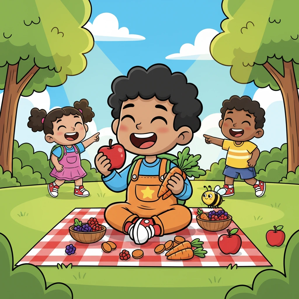 In a sunny park, children laughed and played, enjoying a picnic. They munched on crisp apples, sweet berries, and crunchy carrots – all thanks to the hard work of bees like Bambang!