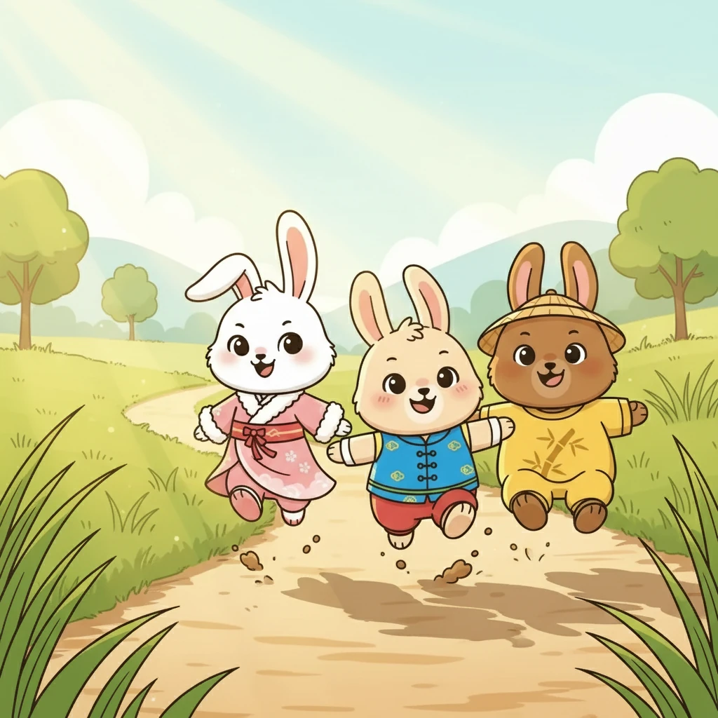 他们蹦蹦跳跳地走在乡间小路上，金色的阳光洒在他们毛茸茸的身上。微风吹拂着青草，带来了泥土的清香。他们越走越远，好奇地观察着周围的一切。