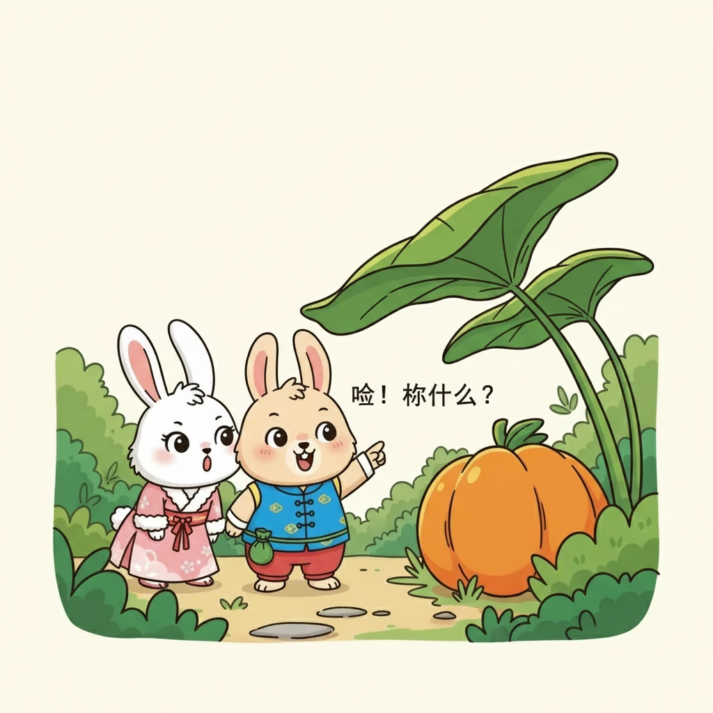 突然，豆豆惊呼起来：“哇！那是什么？”他们发现了一个巨大的，几乎和他们一样高的绿色叶子，藏在叶子下面的是一个橙色的庞然大物。