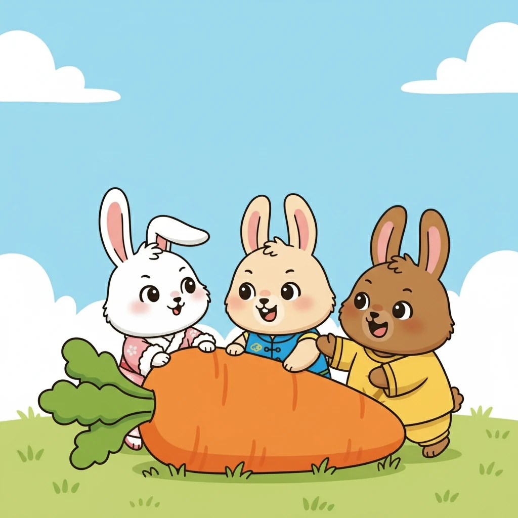 毛毛和团团也好奇地凑了过去，他们围着这个巨大的橙色物体转了一圈，彼此对视了一眼。豆豆说：“这一定是个巨大的胡萝卜！我们把它拔出来吧！”