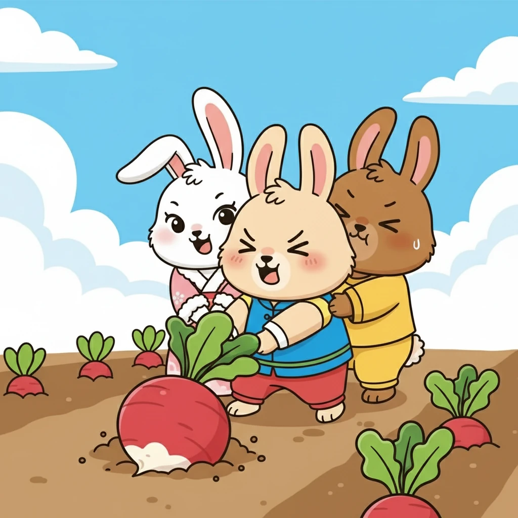 他们开始尝试拔萝卜，豆豆先拉，毛毛和团团在后面帮忙。他们使劲拉，萝卜却纹丝不动。他们的脸上都涨红了，但没有放弃。