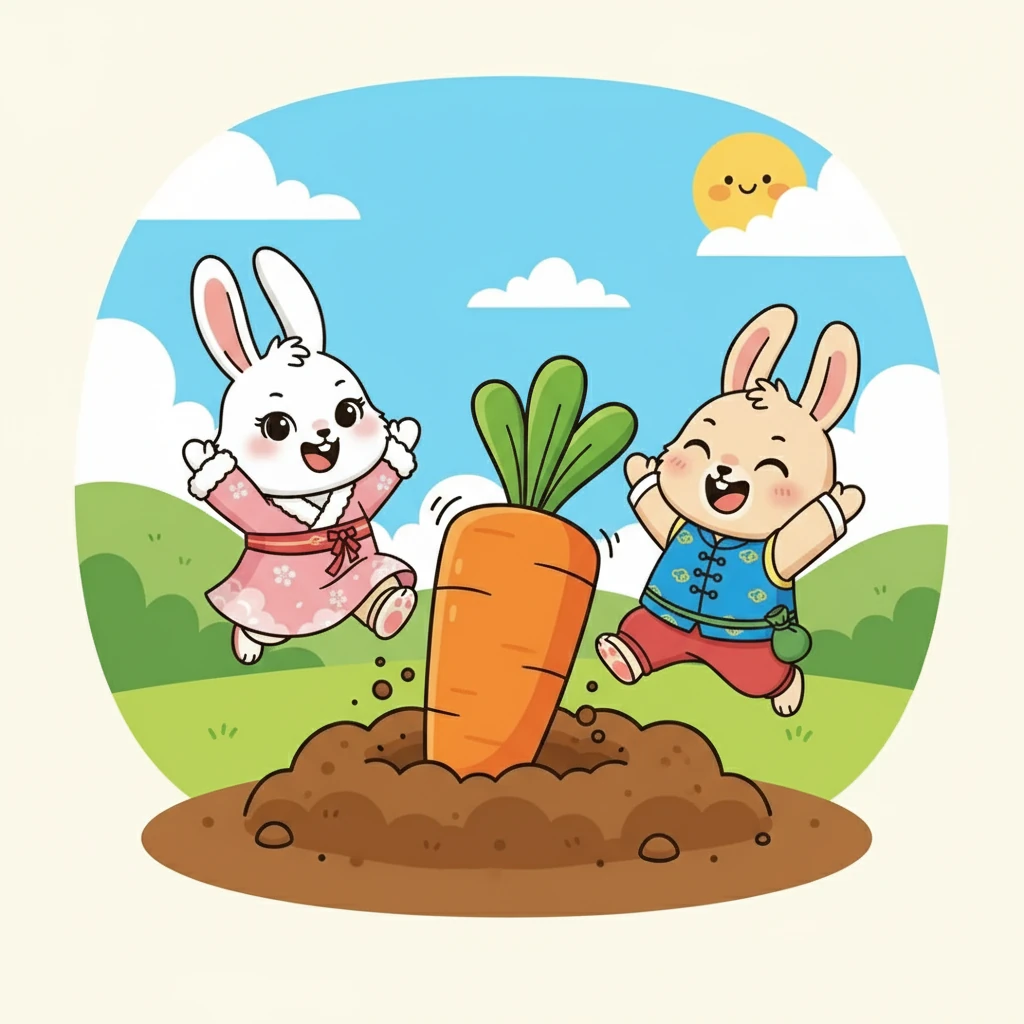 突然，萝卜动了！他们一起用力，胡萝卜终于缓缓地从泥土里出来了。他们欢呼雀跃，兴奋地跳了起来，为他们的成功而庆祝。