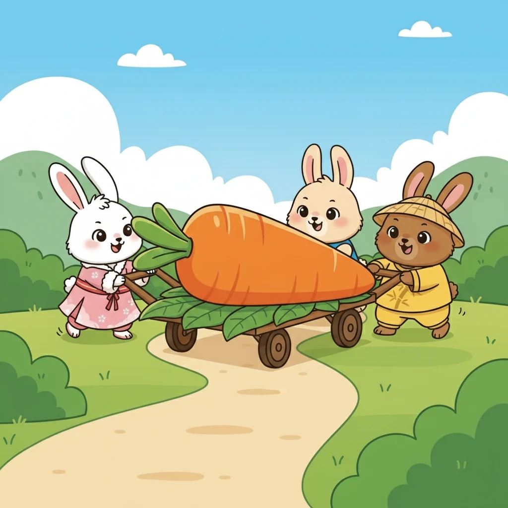 现在的问题是，怎么把这个巨大的胡萝卜运回家呢？他们想出了一个好主意，用树枝和叶子做成了一个简易的推车。他们把胡萝卜放在推车上，开始推着它回家。