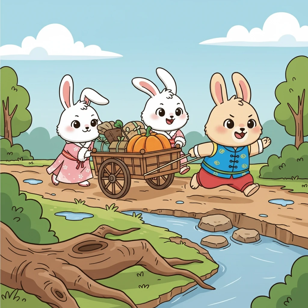 回家的路上，他们遇到了很多困难，推车在崎岖的道路上颠簸，他们还要躲避小溪和树根。但他们互相帮助，克服了一个又一个困难。