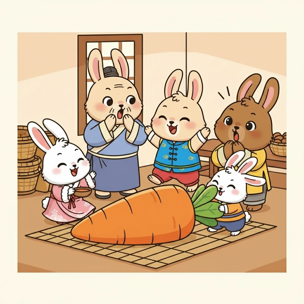 终于，他们把胡萝卜运回了家，他们的妈妈和爸爸都惊呆了！他们一起分享了这根巨大的胡萝卜，享受着丰收的喜悦，度过了一个美好的下午。