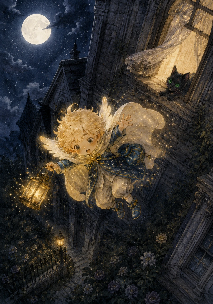 Max, a small star-spirit with a glowing cloak, slips from the moonlit windowsill of a tall Victorian house. He tumbles through the cool night air, his tiny lantern flickering as he falls toward the overgrown garden below.