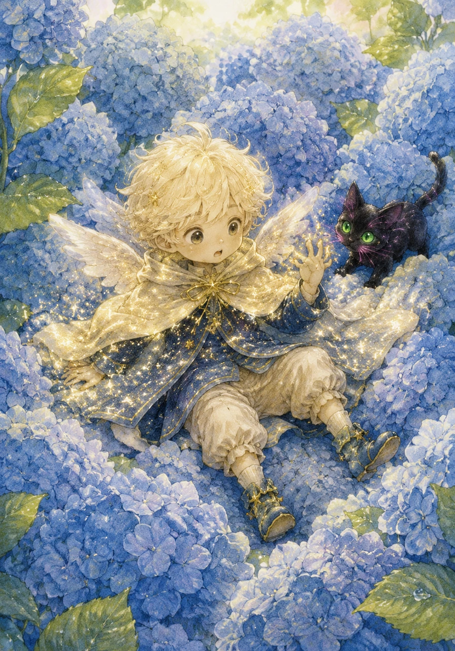 He lands softly in a patch of giant blue hydrangeas, which cushion his fall like fluffy pillows. Shaking the stardust from his coat, Max realizes he has lost his glowing compass in the tumble.
