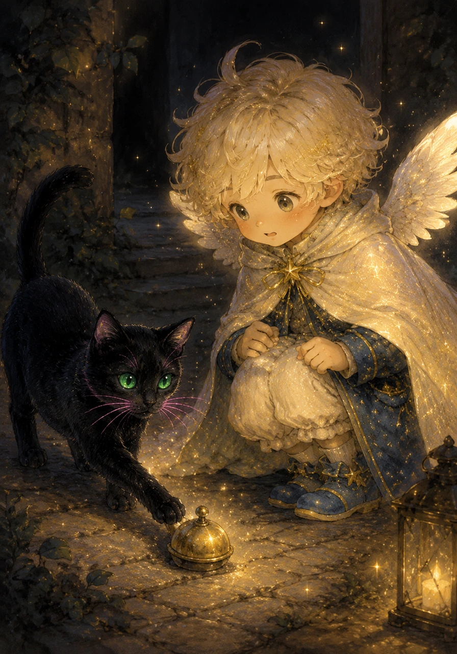A curious house cat named Luna watches from the shadows, her eyes glowing like emeralds in the dark. Instead of pouncing, she trots over and nudges a shiny, brass object toward Max with her velvet paw.