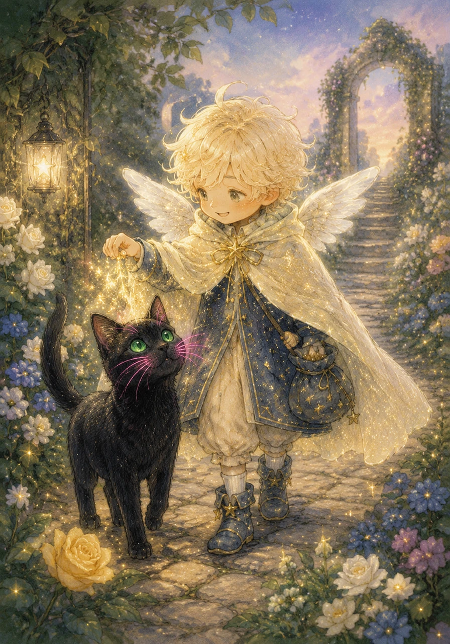 Max thanks the cat with a sprinkle of shimmering dust that makes her whiskers glow bright pink. Together, they begin a trek through the garden, searching for a way to help Max return to the sky.